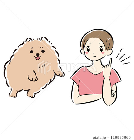 ジャンプする犬と指を差す飼い主(アイデアを思いつく)イラストセット ジャンプする犬と指を差す飼い主(アイデアを思いつく)イラストセット 119925960