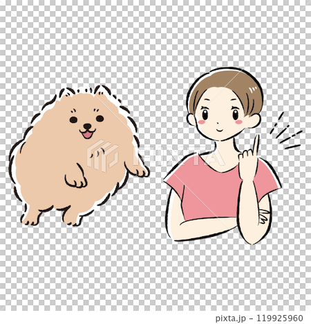 Jumping dog and owner pointing (coming up with an idea) illustration set 119925960