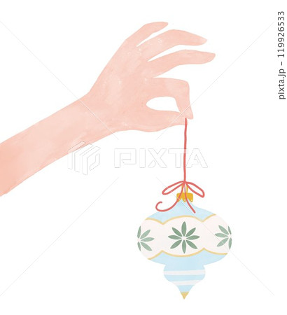 Hand with Christmas tree decoration . Naive style watercolor illustration. Christmas clip art for invitation cards and presents. 119926533