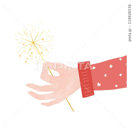 Hand with sparkler. Naive style watercolor illustration. Christmas clip art for invitation cards and presents. 119926538