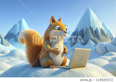 A funny squirrel freelancer works on laptop on snowdrift in mountains 119926572