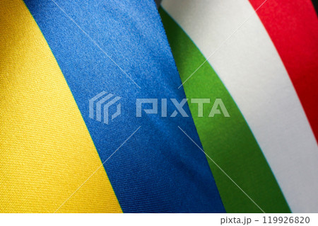 Close-up of the flags of Ukraine and Hungary. 119926820