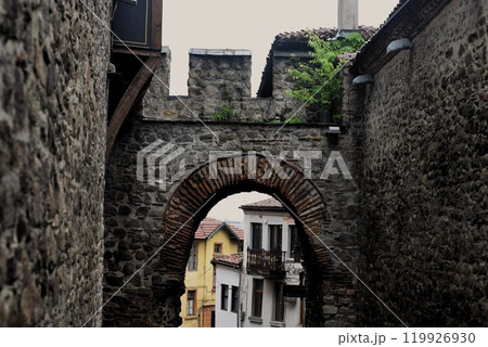 Views of a street in the old town of Plovdiv, Bulgaria. 119926930