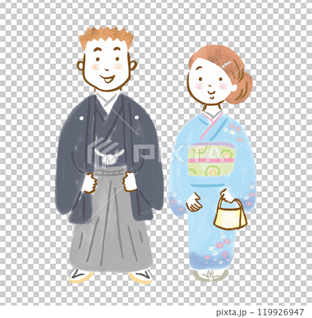 和服を着た男女の手描きイラスト 119926947