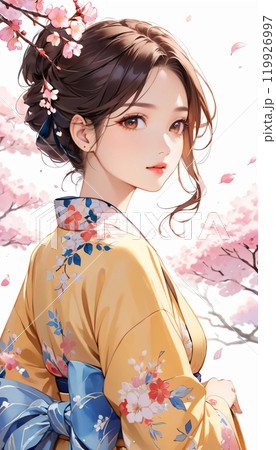 桜と着物を着た若い日本人女性 119926997