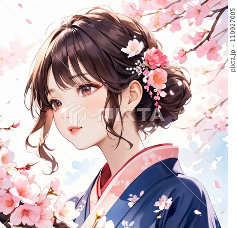 桜と着物を着た若い日本人女性 119927005