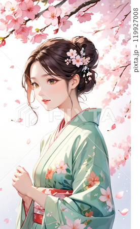 日本人 女性 着物姿 (鉛筆画) 着物姿の乙女たち』より「淡梅」お正月のイメージで塗ってみた - て