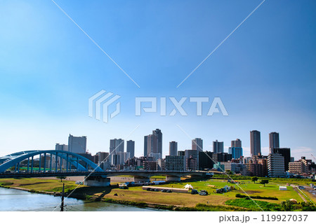 多摩川左岸から観る丸子橋と武蔵小杉のタワーマンション群の風景 119927037