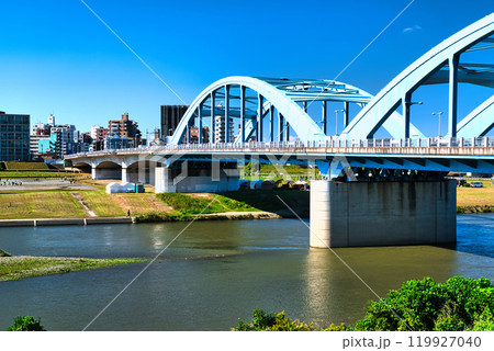 多摩川左岸から観る丸子橋と武蔵小杉のタワーマンション群の風景 多摩川左岸から観る丸子橋と武蔵小杉のタワーマンション群の風景 119927040