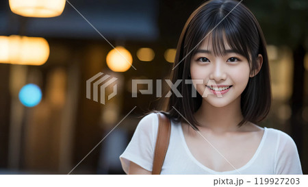 夜の街を歩く美しいアジア人女性 119927203