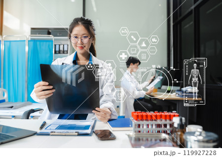 Doctor working on tablet electronics medical record system EMRs concept. 119927228