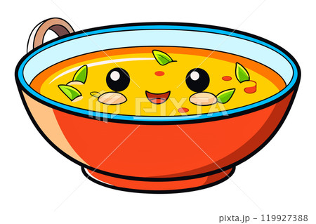 Red plate of delicious soup with different ingredients 119927388