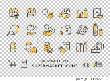 スーパーマーケットにまつわるアイコンセット(カラー) スーパーマーケットにまつわるアイコンセット(カラー) 119927389