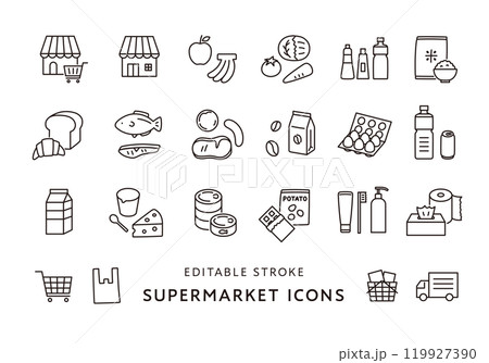 スーパーマーケットにまつわるアイコンセット（モノクロ） 119927390