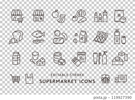 スーパーマーケットにまつわるアイコンセット（モノクロ） 119927390