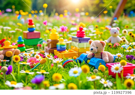 Various colorful children's toys on a spring flower meadow 119927396