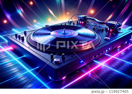 DJ player, record player in shining neon disco lights 119927405