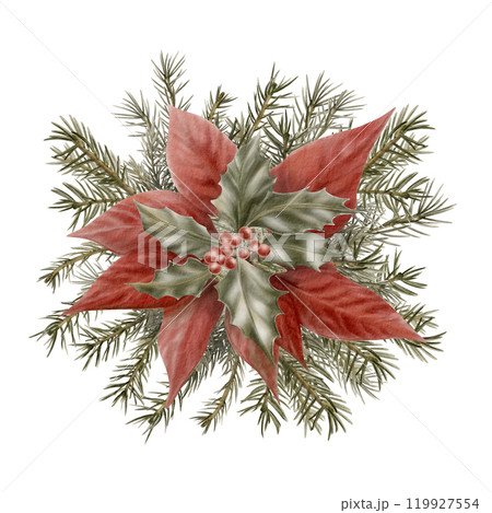 Vintage Christmas composition of holly,poinsettia and spruce branches as a symbol of holiday, miracle and faith.Watercolor illustration isolated on white background for prints, cards, kitchen textiles Vintage Christmas composition of holly,poinsettia and spruce branches as a symbol of holiday, miracle and faith.Watercolor illustration isolated on white background for prints, cards, kitchen textiles 119927554