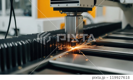 Close-up of laser cutting machine in operation, producing sparks from high-speed metal cutting Close-up of laser cutting machine in operation, producing sparks from high-speed metal cutting 119927618