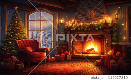 クリスマスの装飾がされた暖炉のある部屋  クリスマスのイメージ 119927810