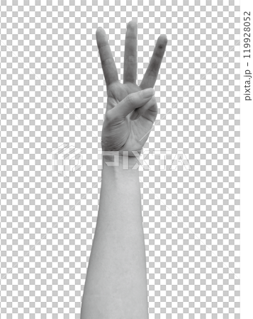 Woman's left hand holding up three fingers (monochrome) Woman's left hand holding up three fingers (monochrome) 119928052