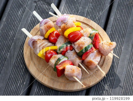 raw chicken and vegetable skewers raw chicken and vegetable skewers 119928199