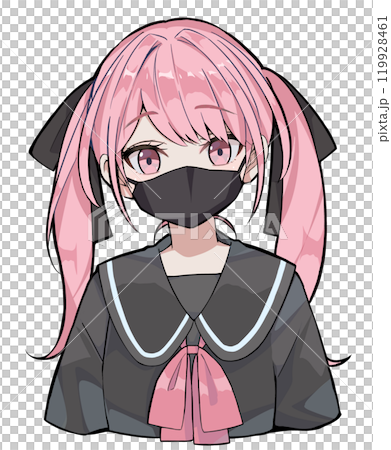 Bust-up of a woman with pink hair in twin tails wearing a mask 119928461