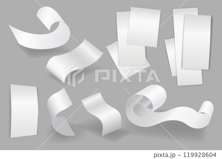 Payment check and receipts with shadows. Set of curved financial paper invoice. Receipt the seller forms Payment check and receipts with shadows. Set of curved financial paper invoice. Receipt the seller forms 119928604