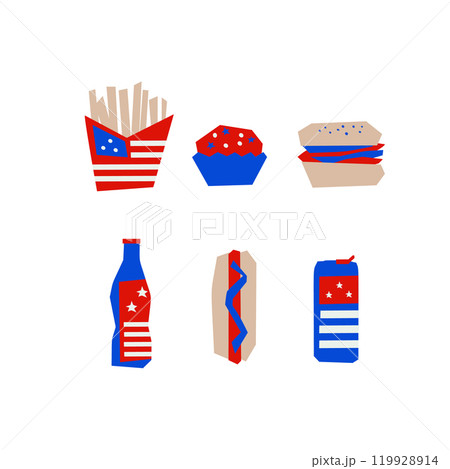 American patriotic fast food hot dog, french fries 119928914