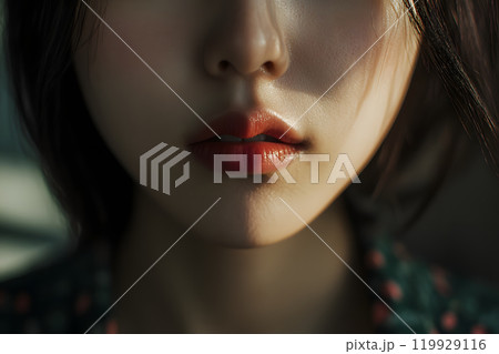 自然光に照らされた潤いのある唇のクローズアップ写真 自然光に照らされた潤いのある唇のクローズアップ写真 119929116