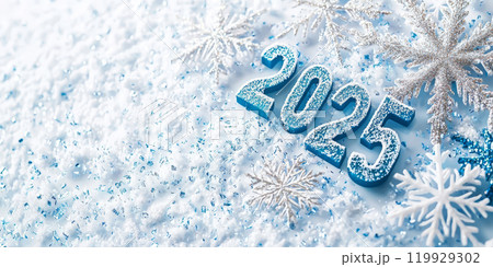 New Year design with the number 2025 and thin snowflakes on a blue background. 119929302