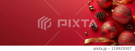 Red paper lanterns with gold ribbons and festive decorations on a bright red background. 119929307