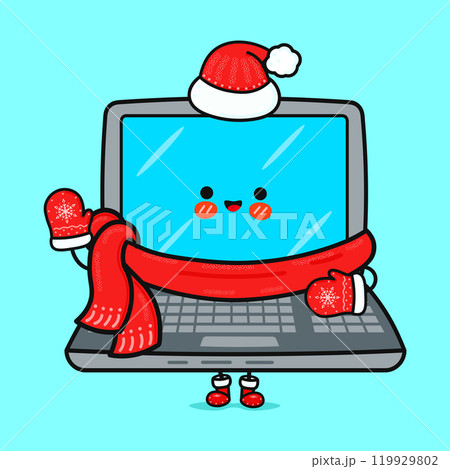 Funny smiling happy Laptop christmas. Vector flat cartoon character illustration icon design. Isolated on blue background 119929802