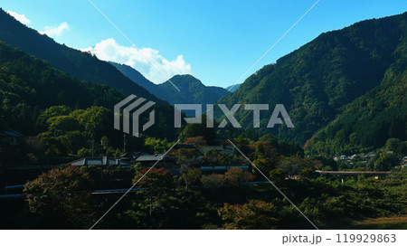 昔ながらの日本家屋が並ぶ里山に囲まれた郊外の集落 119929863
