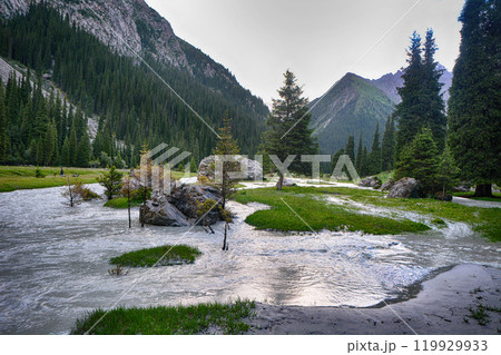 Idyllic summer landscape with hiking trail in the mountains with beautiful fresh green mountain pastures, river with reflection and forest. Terskey Alatoo mountains, Tian-Shan, Karakol, Kyrgyzstan 119929933