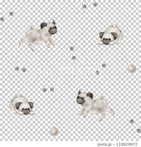 Seamless pattern of animal dogs and paws, ball for kids. Hand drawn illustration of pug running or jumping on isolated background. Minimalist Scandinavian style. Cute pets for kids post or stickers 119929972