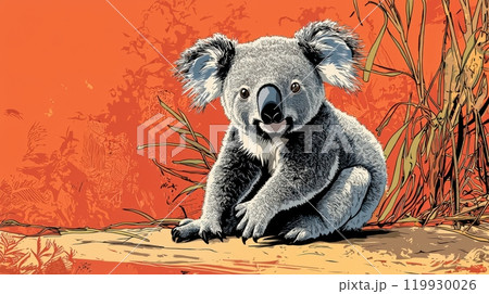 A cute koala sits against an orange background, surrounded by grass 119930026