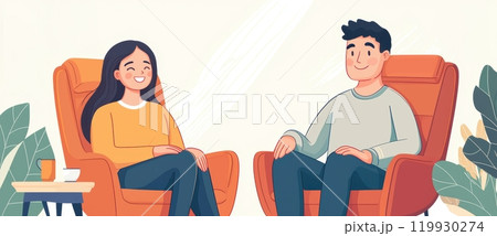 A cheerful illustration of two individuals engaged in conversation while sitting in comfortable armchairs 119930274