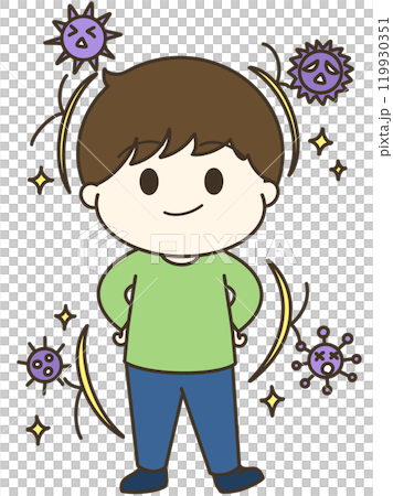 A cute and relaxed illustration of a boy who is fighting back against the virus A cute and relaxed illustration of a boy who is fighting back against the virus 119930351