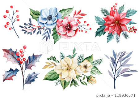 festive watercolor collection of red flowers, green leaves and winter elements for holiday invitation, seasonal branding festive watercolor collection of red flowers, green leaves and winter elements for holiday invitation, seasonal branding 119930371