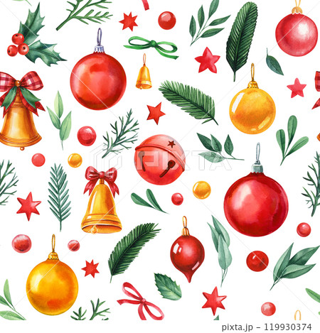 Christmas seamless pattern. Watercolor traditional ornaments, evergreen foliage, festive red and gold decor Jingle bells 119930374