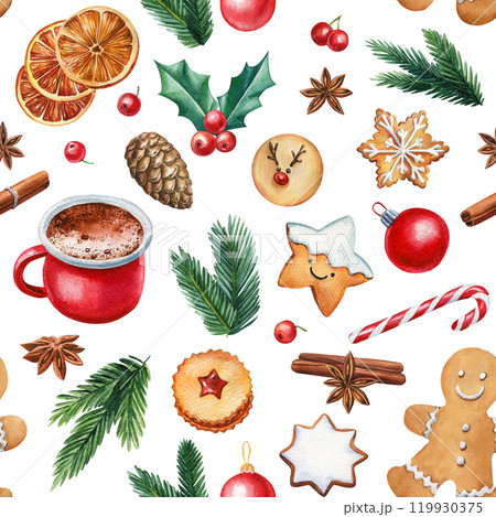 Festive seamless watercolor Christmas design. Hand-painted red car, cinnamon sticks and evergreen decor. Cozy holiday Festive seamless watercolor Christmas design. Hand-painted red car, cinnamon sticks and evergreen decor. Cozy holiday 119930375