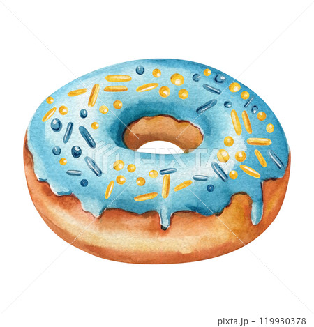 Watercolor donut illustration, blue frosted donut with sprinkles, menu design isolated sweet dessert painting, pastry 119930378