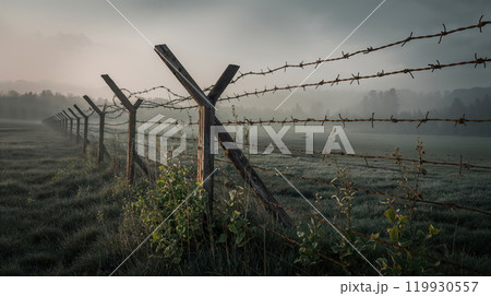 Barbed wire fence protecting misty field at dawn 119930557