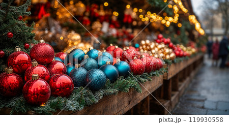 Shiny christmas ornaments decorating a wooden stall at a christmas market 119930558