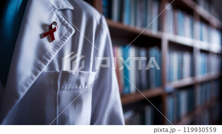 Doctor wearing red ribbon for aids awareness in library setting 119930559