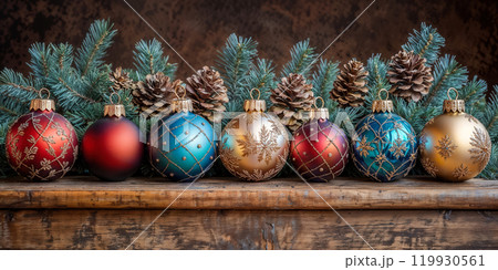 Christmas ornaments and pine cones decorating a rustic wooden shelf 119930561