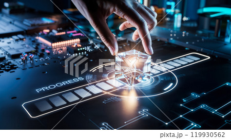 Engineer managing progress on futuristic touchscreen interface 119930562