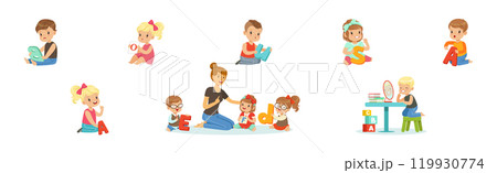 Preschool Boy and Girl Sitting on the Floor with Alphabet Letter Vector Set Preschool Boy and Girl Sitting on the Floor with Alphabet Letter Vector Set 119930774