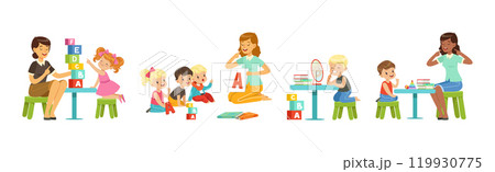 Preschool Boy and Girl Sitting on the Floor with Alphabet Letter Vector Set Preschool Boy and Girl Sitting on the Floor with Alphabet Letter Vector Set 119930775